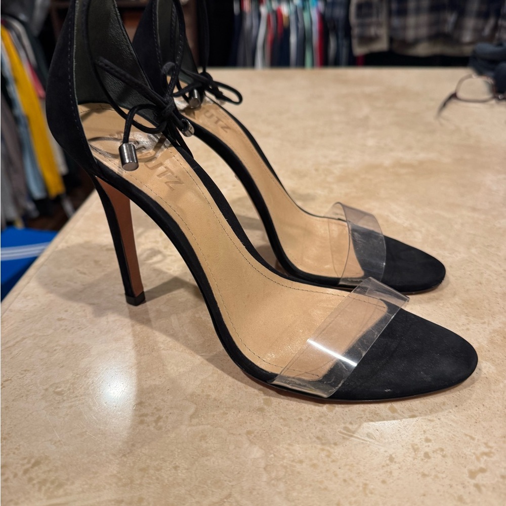 SCHUTZ Black and Clear Strap Heels